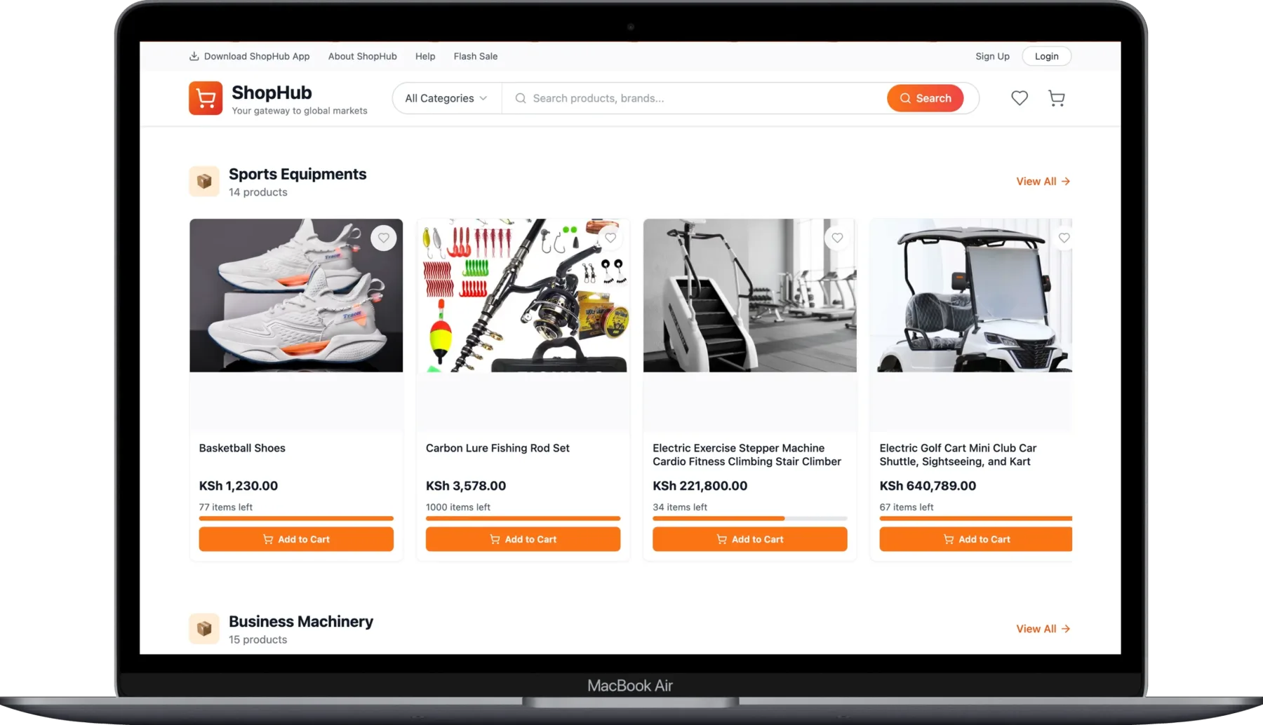 ShopHub ecommerce platform displayed on a MacBook Air